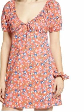 WAYF Cruz orange floral puff sleeve mini dress an elasticized neckline XLarge